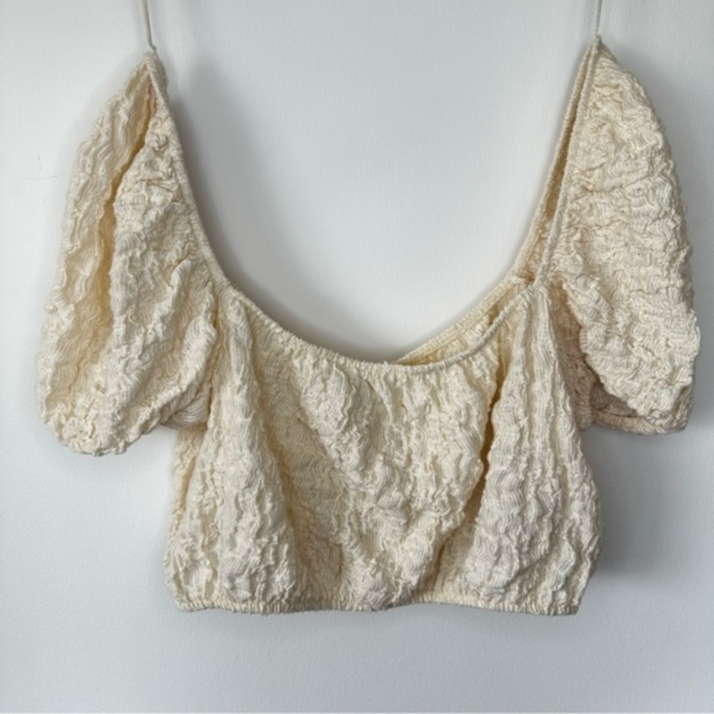Zara Cream Textured Puff Sleeve Crop Top